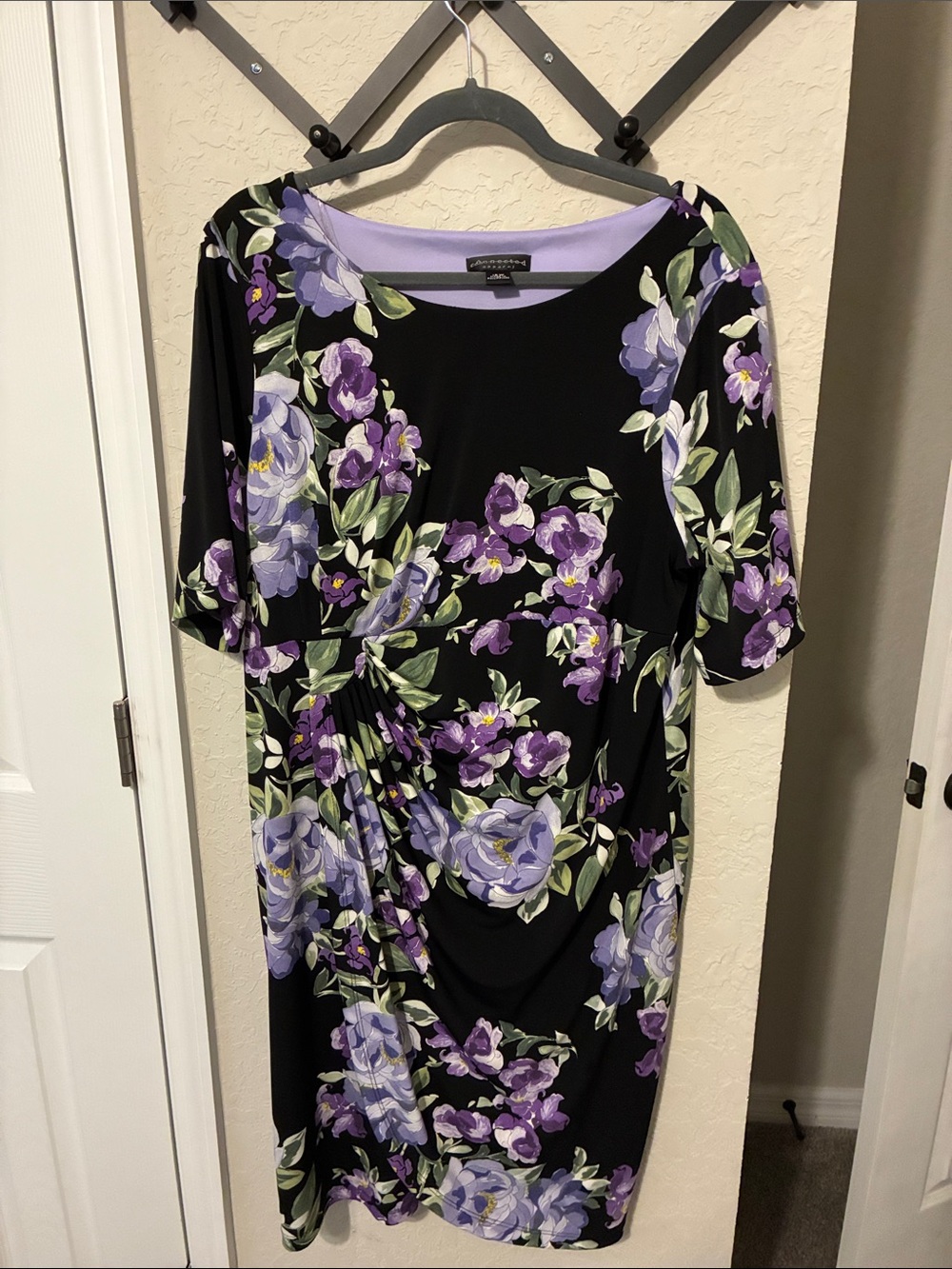 connected apparel Black Midi Dress with Lavender and Green Floral Print
